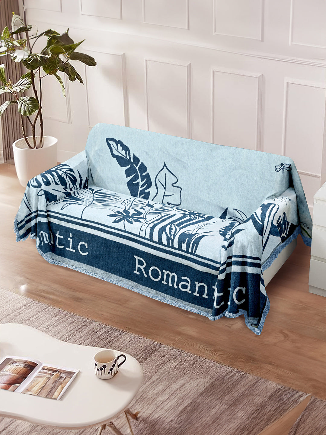 Reversible Sofa Blanket Cover with Tassels 4 Seater- Navy  Blue