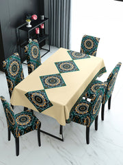 Stretchable Printed Table Cover & Dining Chair Cover Set Beige