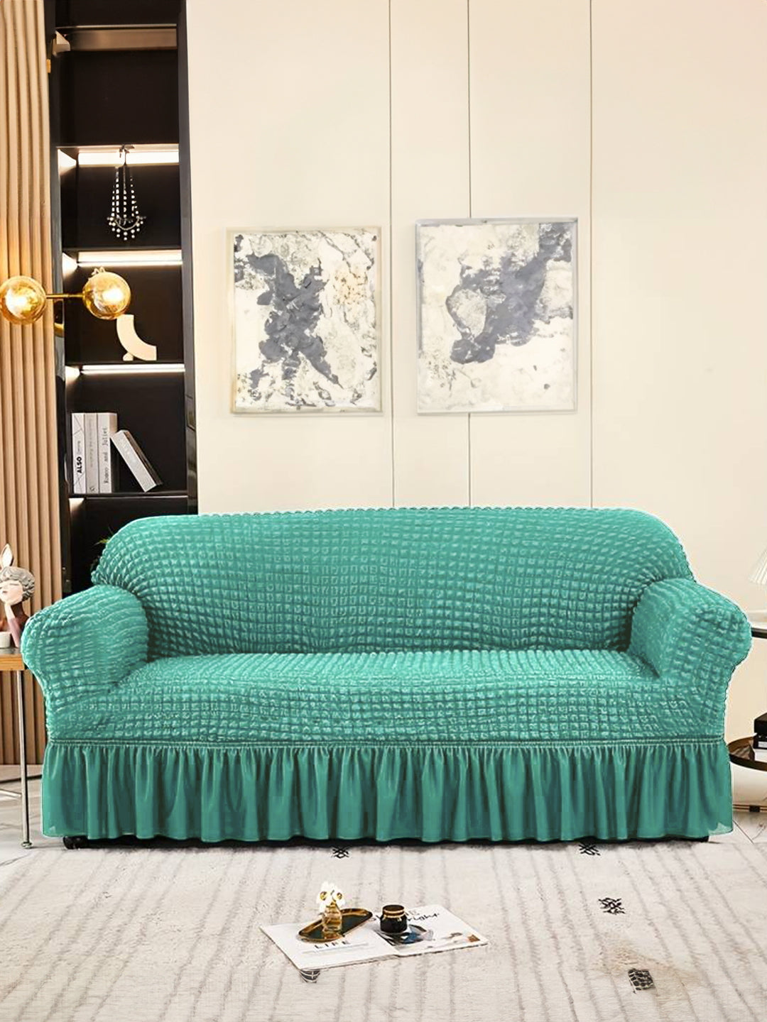 Elastic Stretchable Universal Sofa Cover with Ruffle Skirt 2 Seater- Mint Green