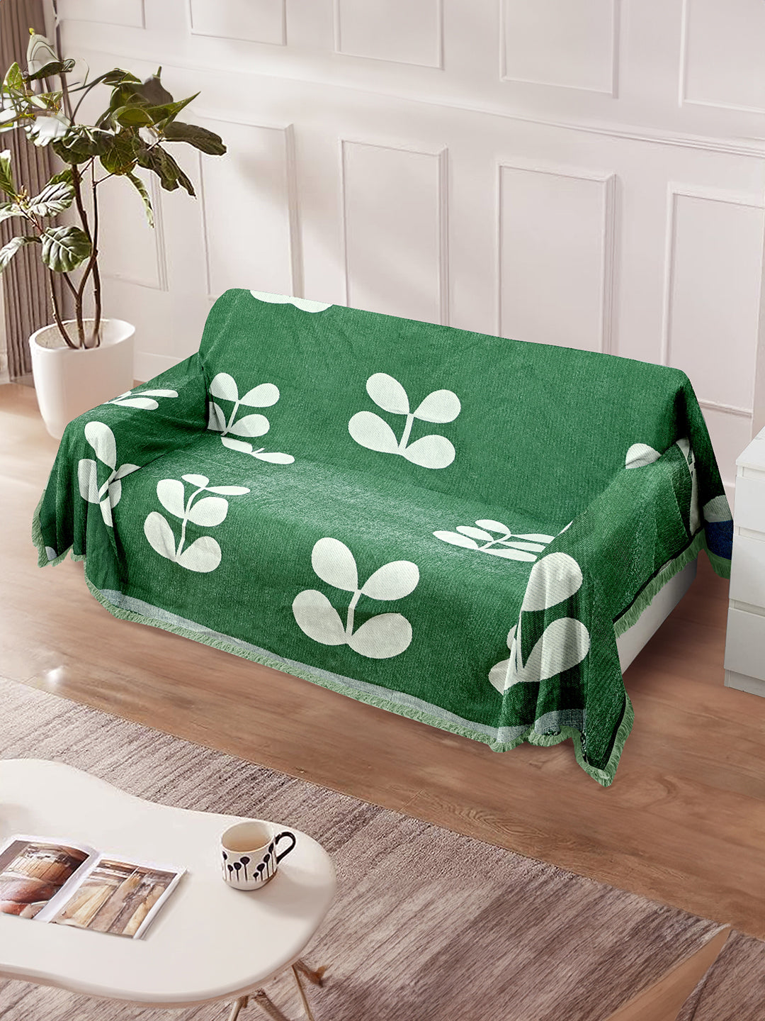 Reversible Sofa Blanket Cover with Tassels 2 Seater- Olive Green