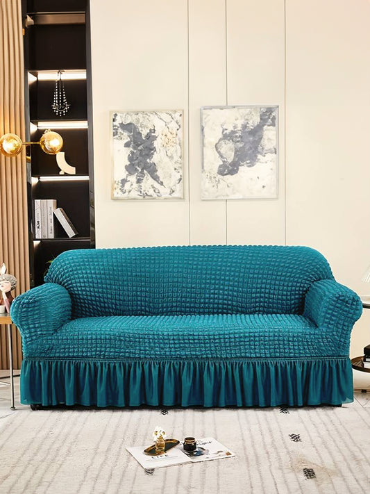 Elastic Stretchable Universal Sofa Cover with Ruffle Skirt 2 Seater- Teal