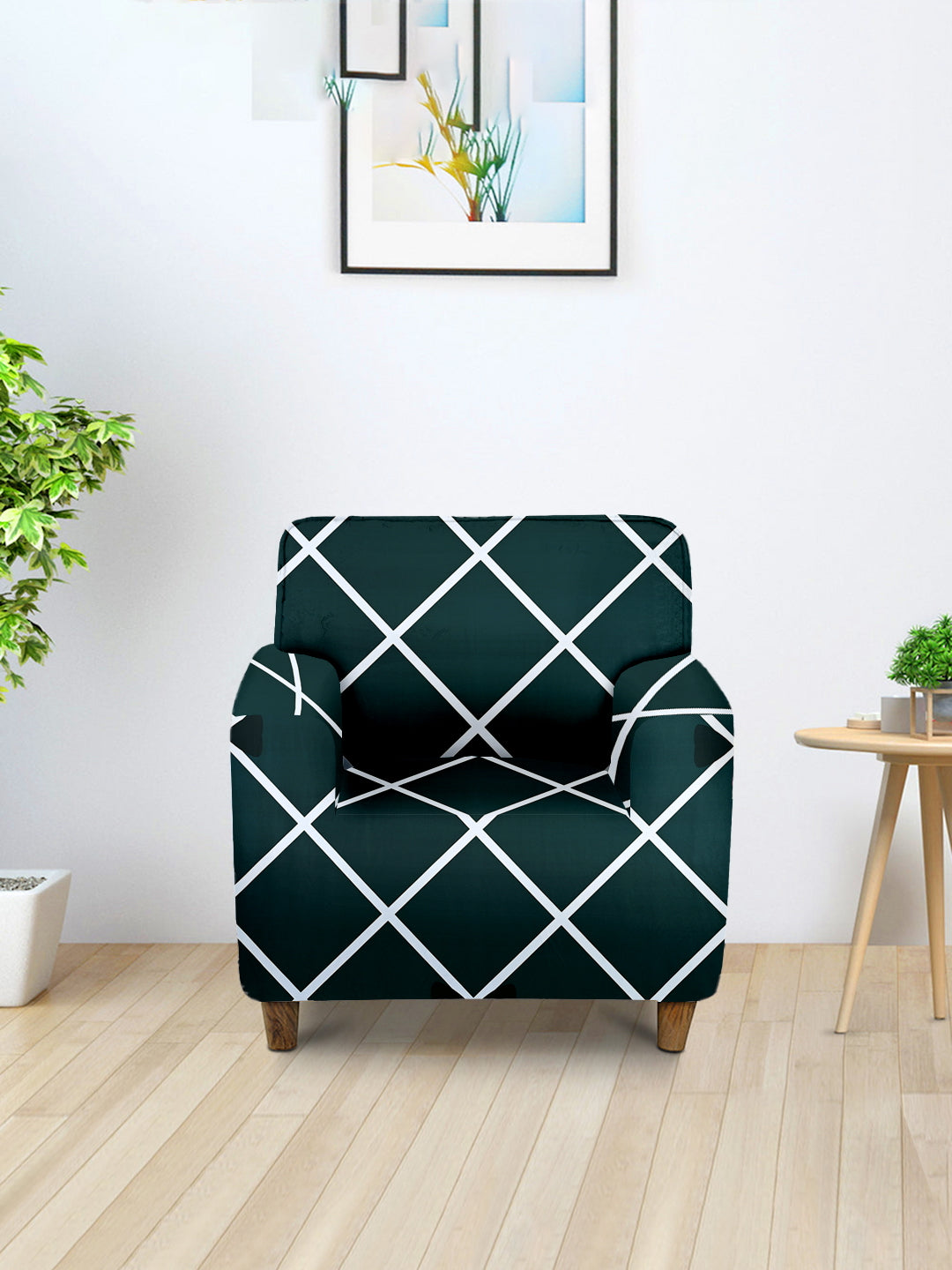 Elastic Stretchable Universal Printed Sofa Cover 1 Seater- Green