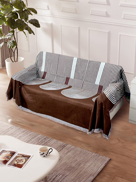 Reversible Sofa Blanket Cover with Tassels 4 Seater- Brown