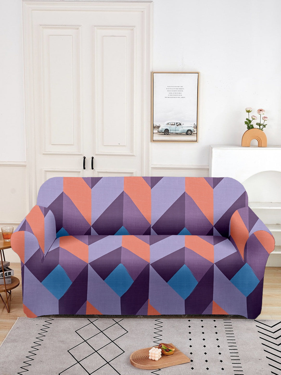 ElasticGeometric Printed Sofa Cover 2 Seater-Multi