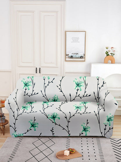 Elastic Floral Printed Sofa Cover 3 Seater- White
