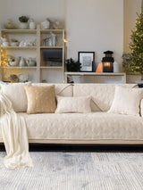 Durable Beige Microfiber Sofa Toper Set | Solid Chenille | Machine Washable with Straps