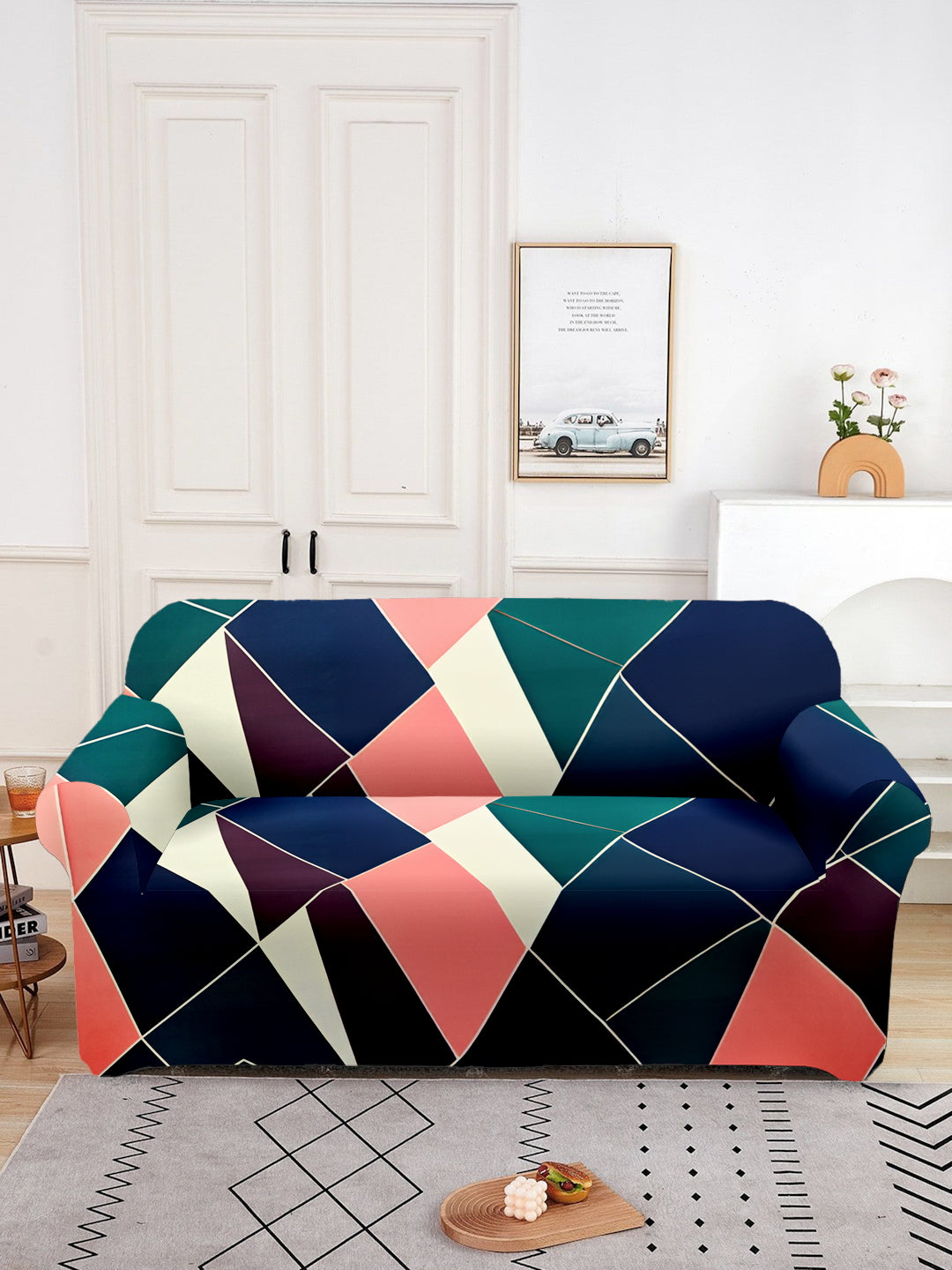 Elastic Geometric Printed Sofa Cover 2 Seater- Navy Blue