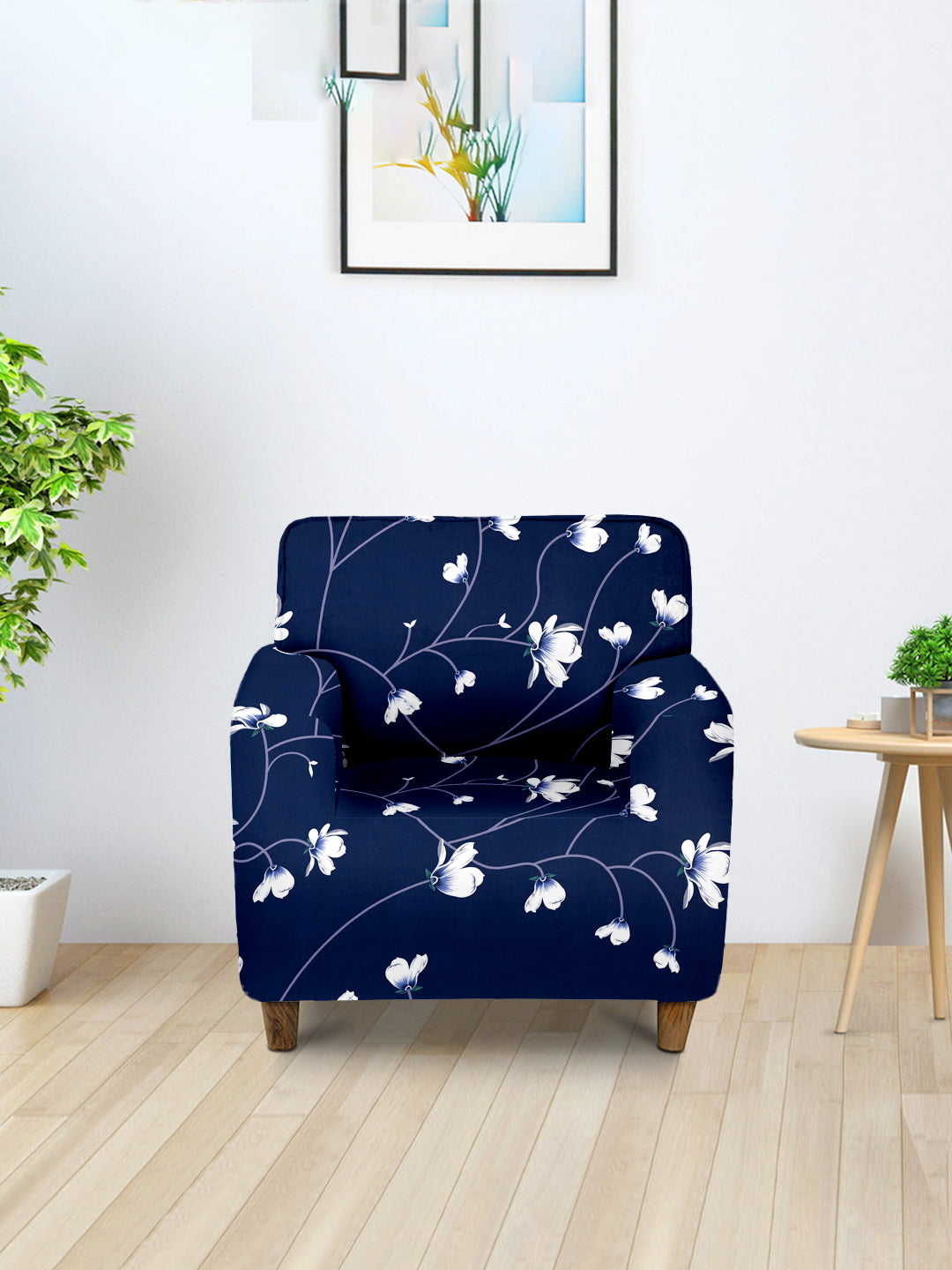 Elastic Stretchable Universal Printed Sofa Cover 1 Seater- Navy Blue