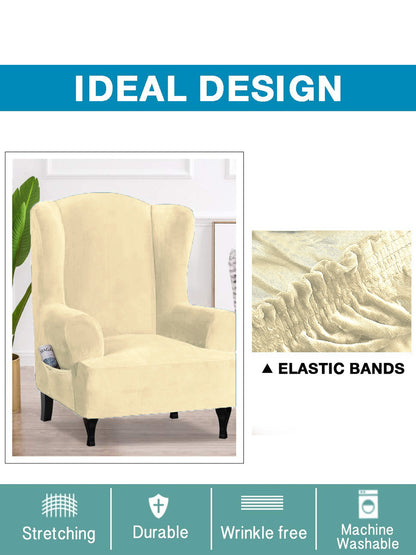 Stretchable Velvet Wingback Chair Cover-Cream