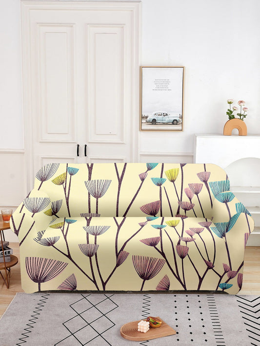 Elastic Floral Printed Sofa Cover 2 Seater- Cream