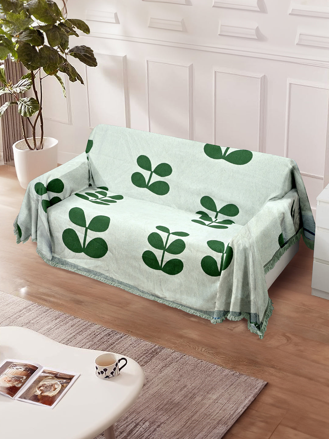 Reversible Sofa Blanket Cover with Tassels 3 Seater- Olive Green