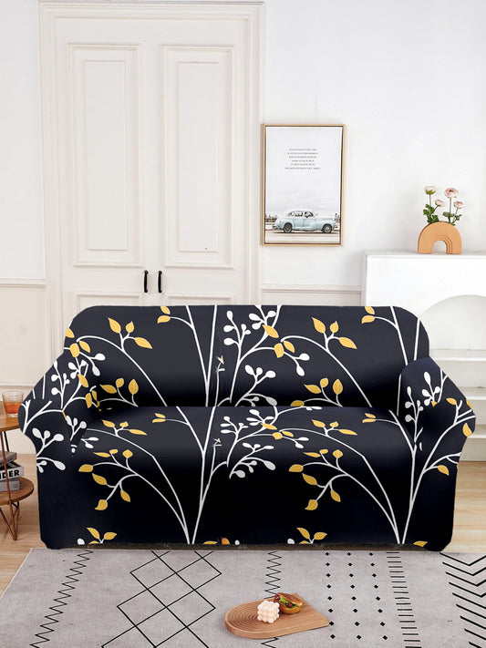 Elastic Floral  Printed Sofa Cover 2 Seater- Black