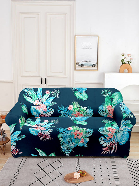 Elastic Floral Printed Sofa Cover 2 Seater-Teal