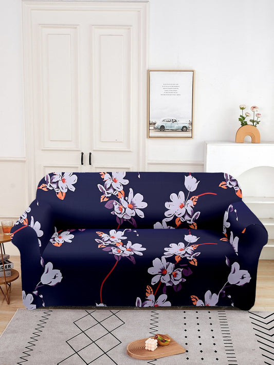 Elastic Floral Printed Sofa Cover 2 Seater- Navy Blue