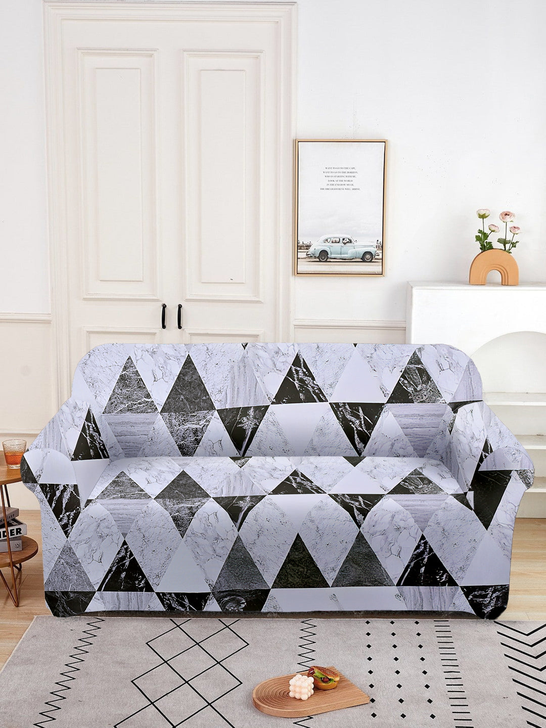 Elastic Geometric Printed Sofa Cover 3 Seater- Grey