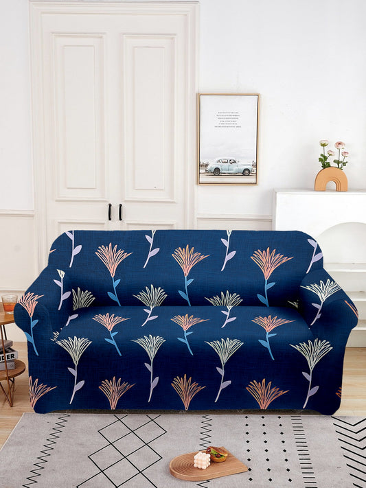 Elastic Floral Printed Sofa Cover 2 Seater- Dark Blue