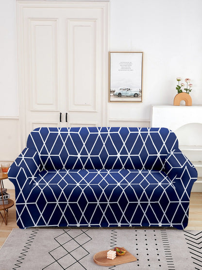 Elastic Checks Printed Sofa Cover 3 Seater- Navy Blue & White