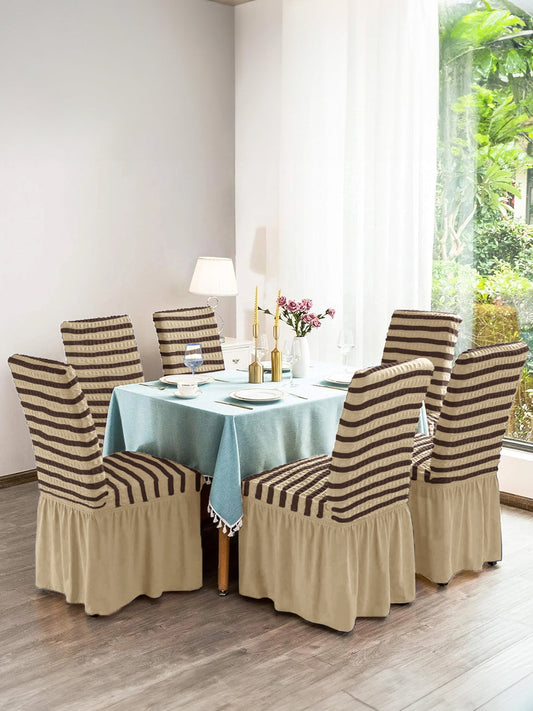 Pack of 6 Stretchable Dining Chair Cover with Frill - Cream