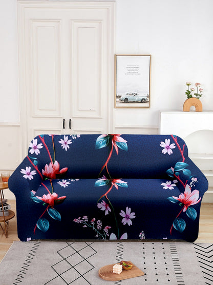 Elastic Floral Printed Sofa Cover 3 Seater- Navy Blue