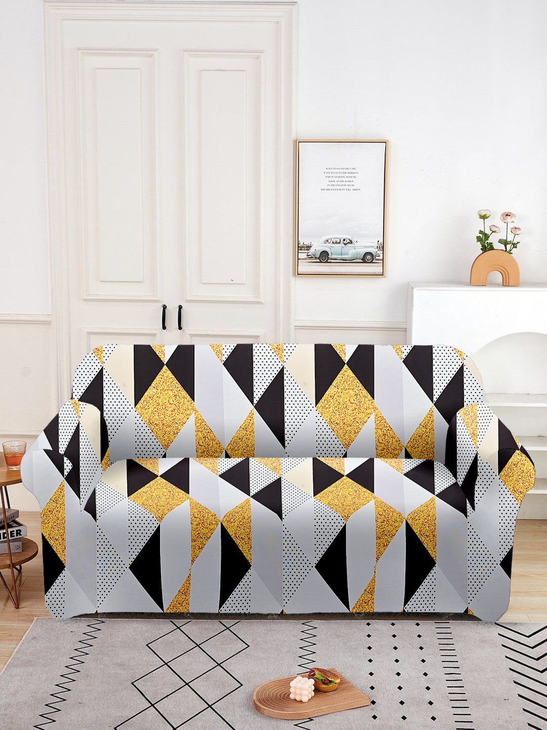 Elastic Geometric Printed Sofa Cover 3 Seater- Yellow