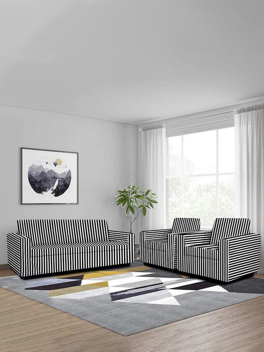 Polyester Stretchable Stripes Printed Sofa Cover 3+1+1 Seater- Black & White