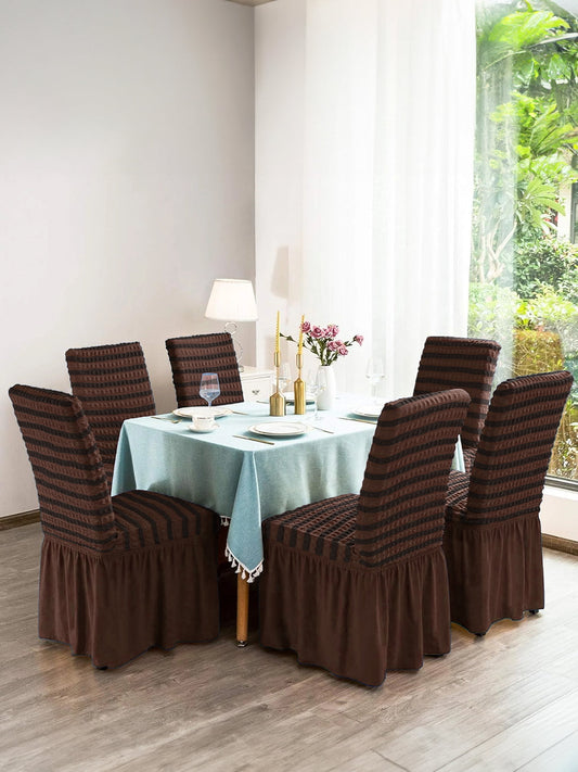 Pack of 6 Stretchable Dining Chair Cover with Frill - Brown