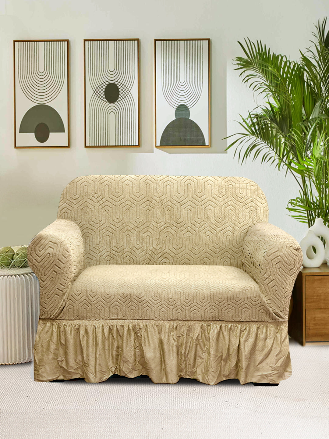 Elastic Stretchable Jacquard Sofa Cover with Frill 1 Seater- Cream