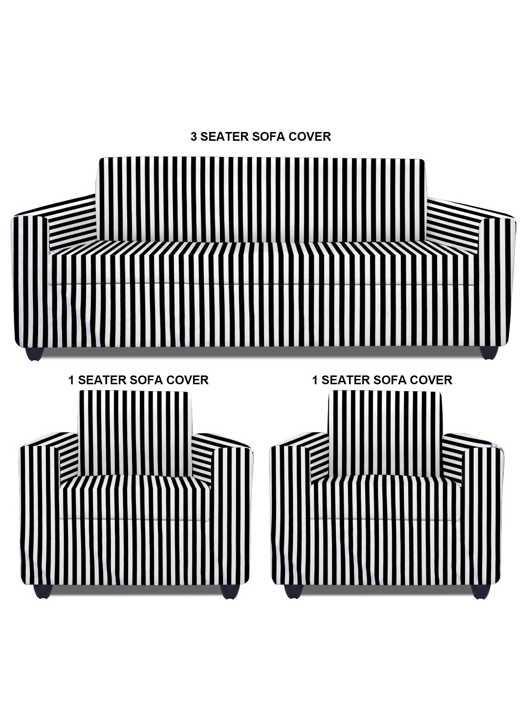 Polyester Stretchable Stripes Printed Sofa Cover 3+1+1 Seater- Black & White