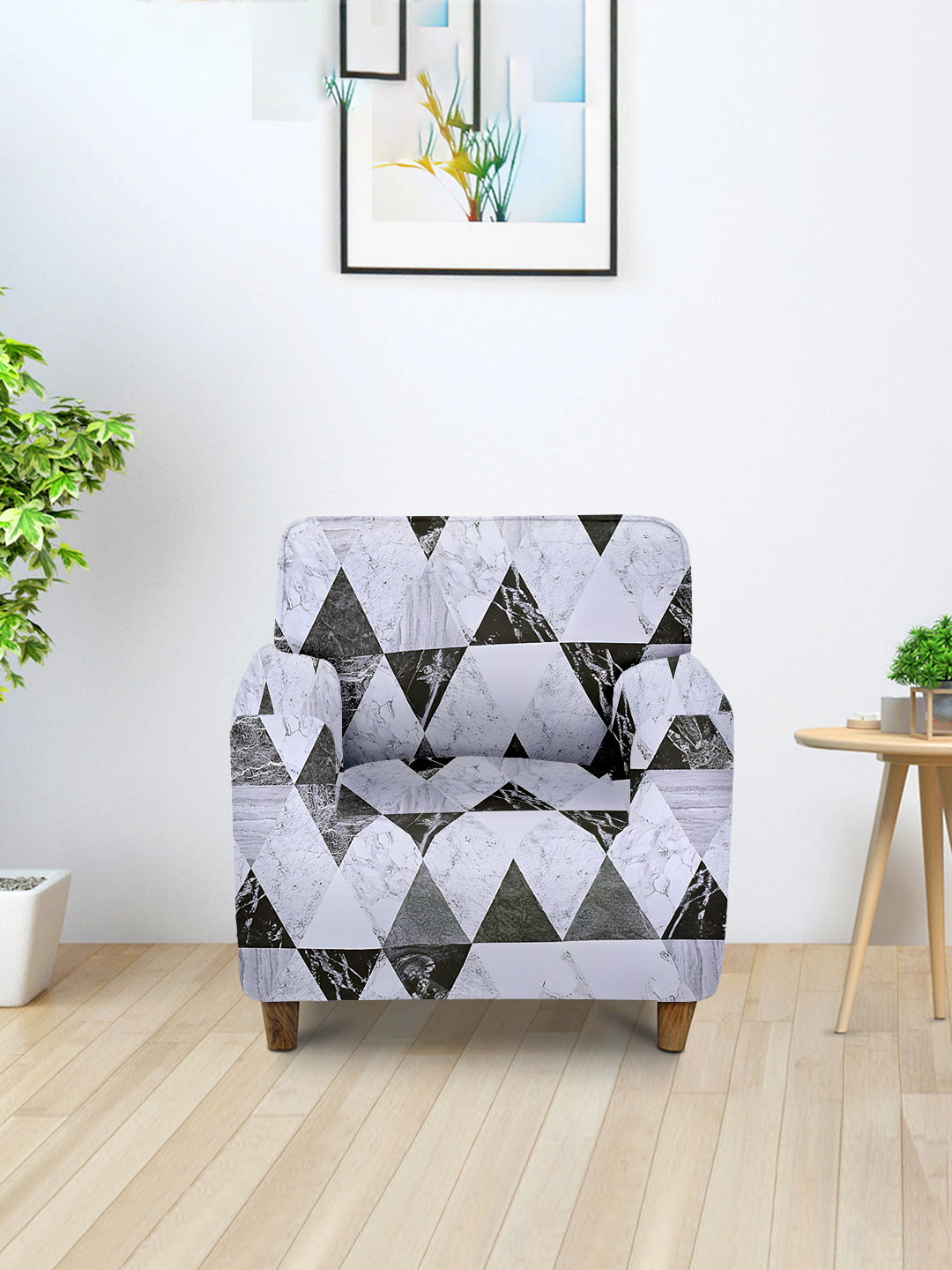 ElasticGeometric Printed Sofa Cover 1 Seater-Grey
