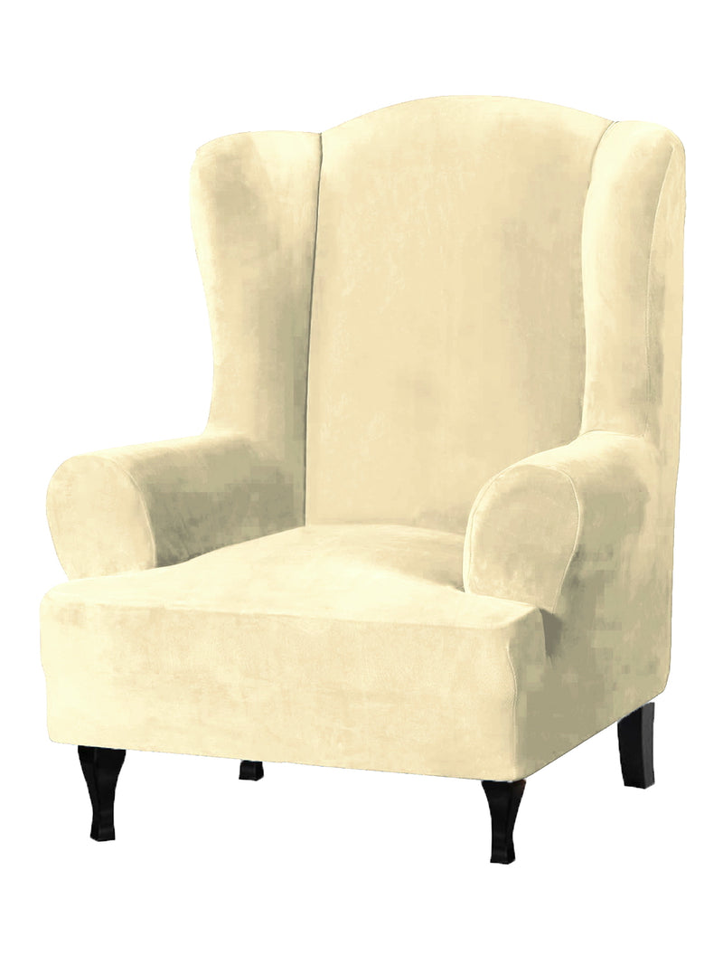 Stretchable Velvet Wingback Chair Cover-Cream