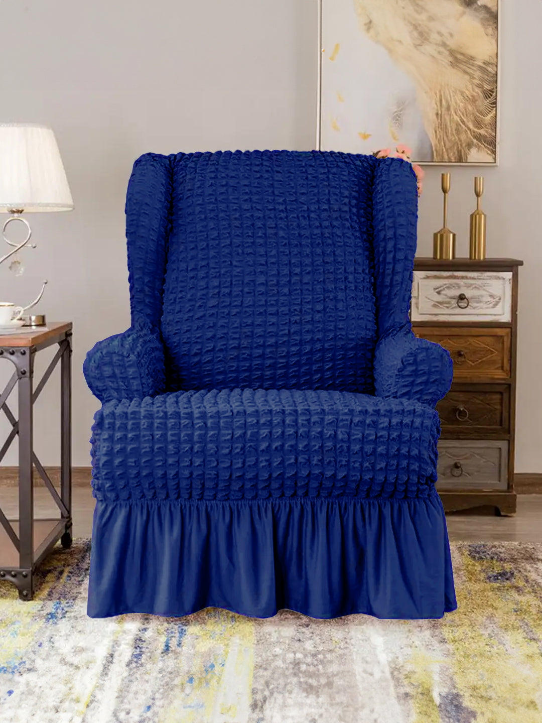 Stretchable Bubble Wingback Chair Cover-Navy Blue