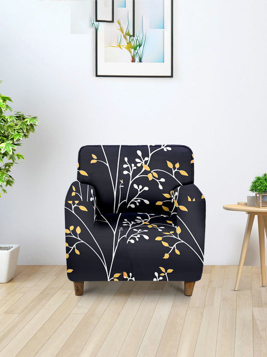 Elastic Floral  Printed Sofa Cover 1 Seater- Black