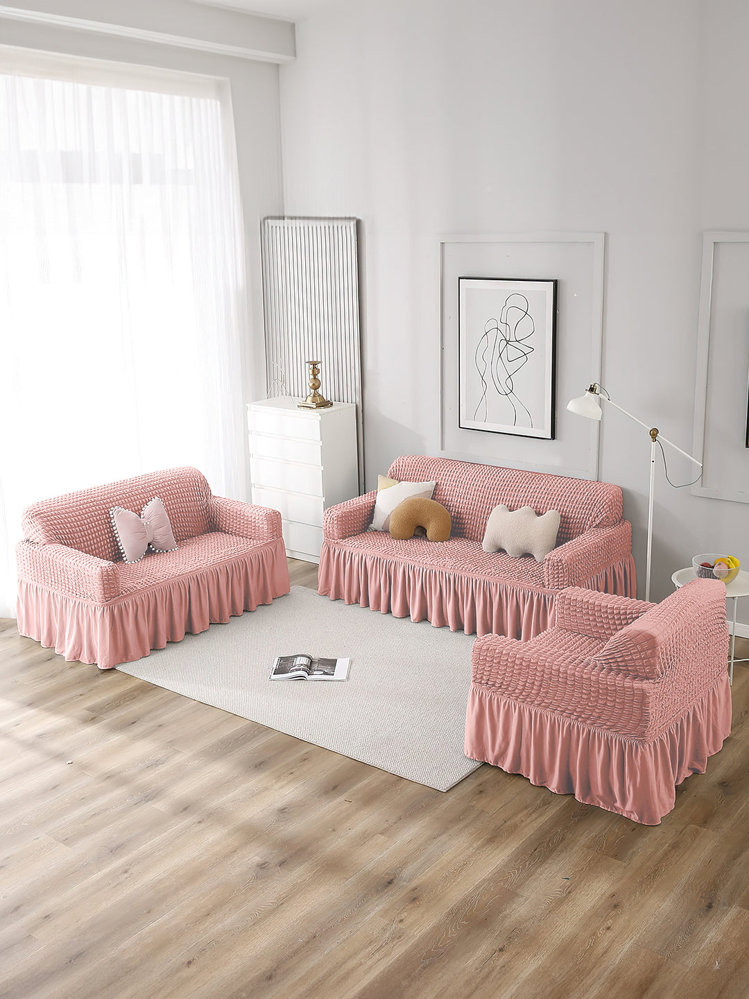 Elastic Stretchable Universal Sofa Cover with Ruffle Skirt 3+1+1 Seater- Pink