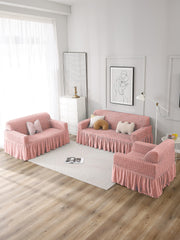 Elastic StretchableFrill 3 Seater Combo Sofa Cover-Pink