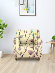 ElasticFloral Printed Sofa Cover 1 Seater-Cream