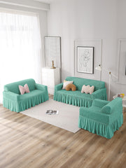 Elastic StretchableFrill 3 Seater Combo Sofa Cover-Mint Green