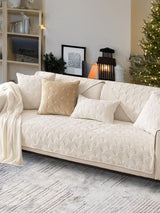 Durable Beige Microfiber Sofa Toper Set | Solid Chenille | Machine Washable with Straps