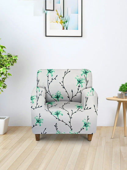 Elastic Floral Printed Sofa Cover 1 Seater- White