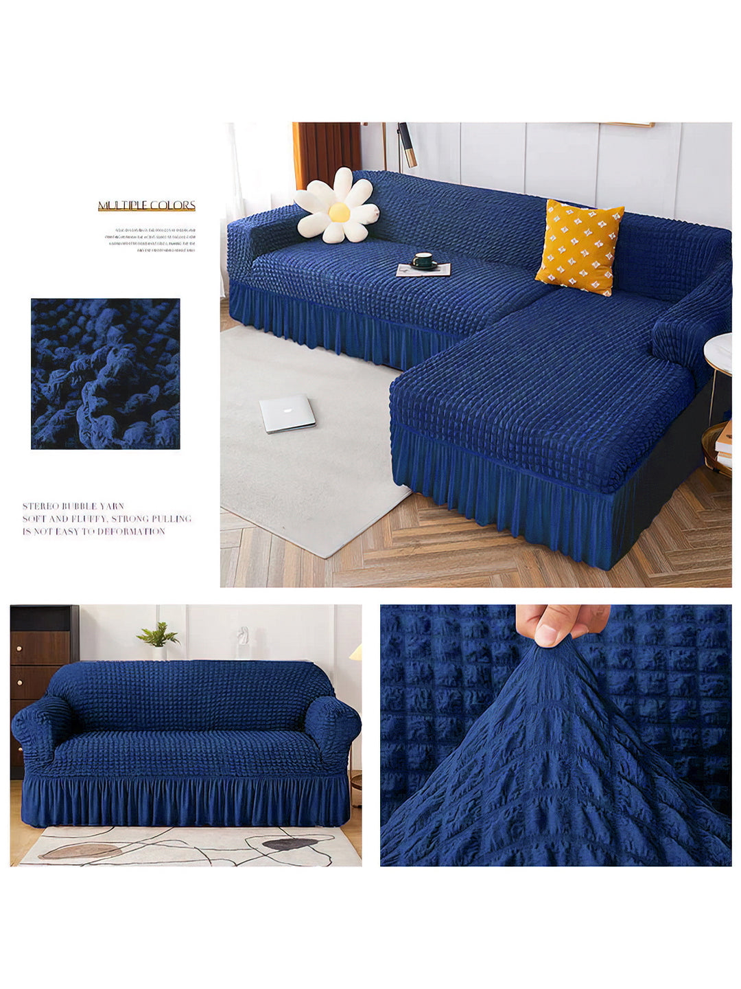 Stretchable L Shape Sofa Slip Cover with Frill 2+2 Seater- Navy Blue