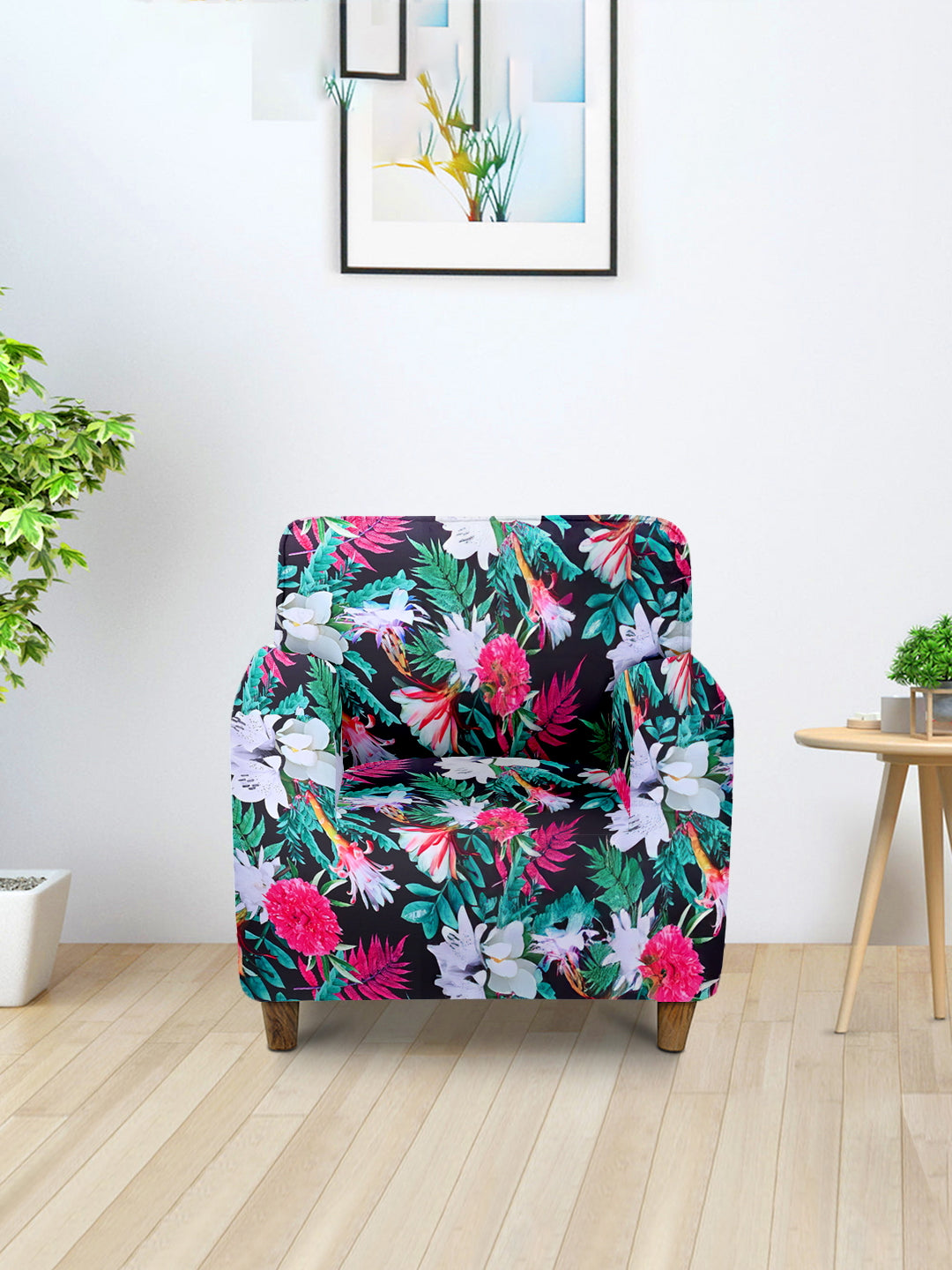 Elastic Floral Printed Sofa Cover 1 Seater- Multicolour