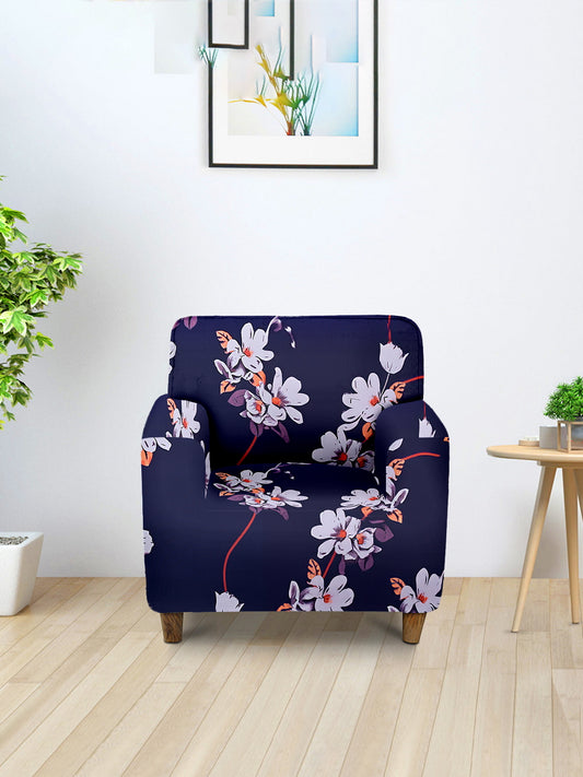 Elastic Floral Printed Sofa Cover 1 Seater- Navy Blue