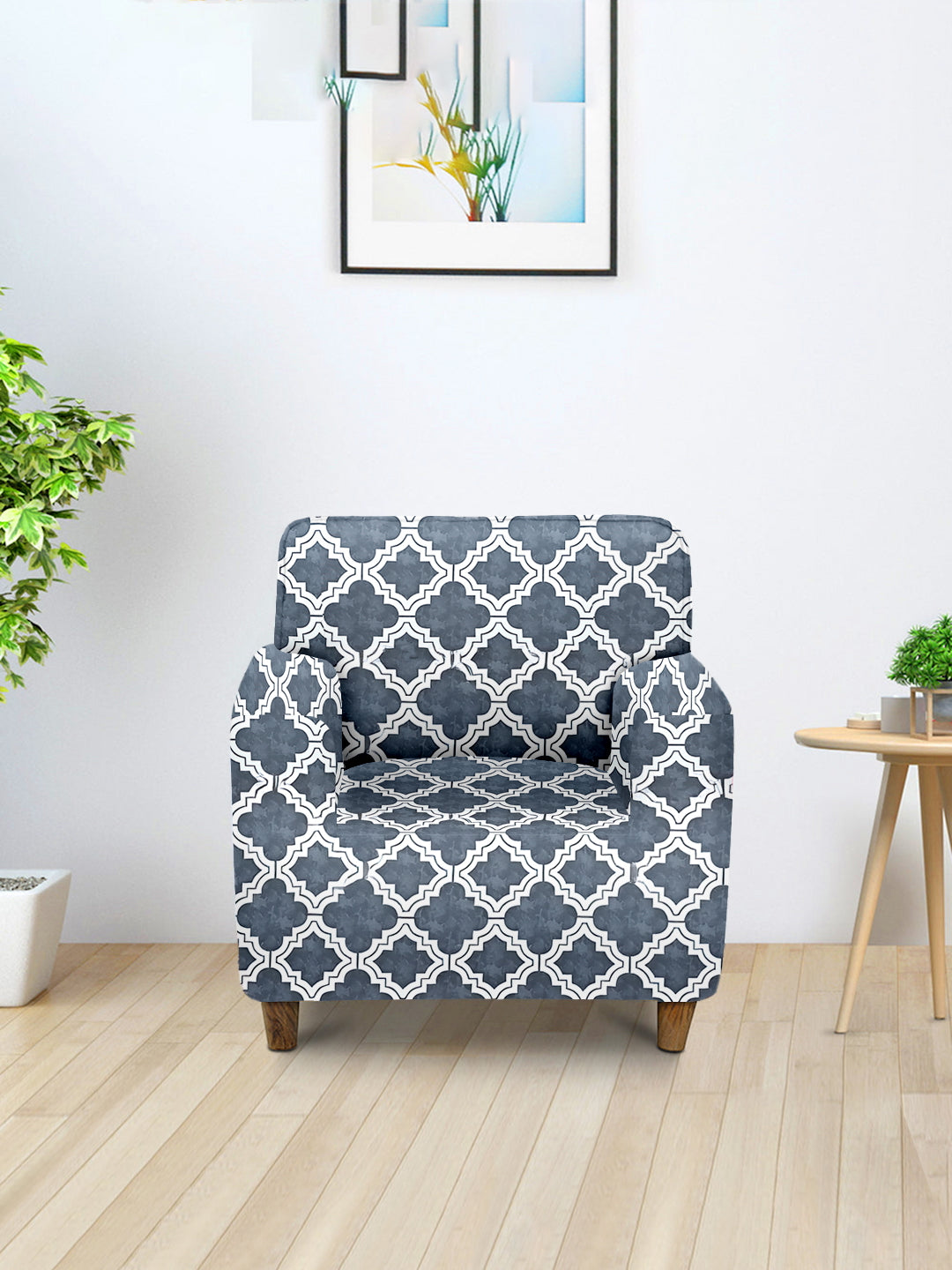 Elastic Digital Printed Sofa Cover 1 Seater- Grey