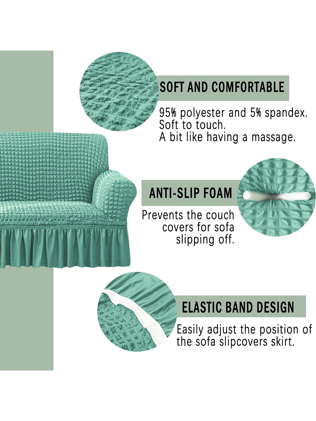 Elastic Stretchable Universal Sofa Cover with Ruffle Skirt 3+1+1 Seater- Mint Green
