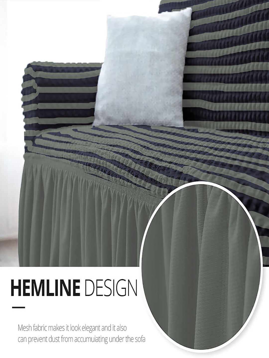 Elastic Stretchable Universal Striped Sofa Cover with Ruffle Skirt 2 Seater- Grey