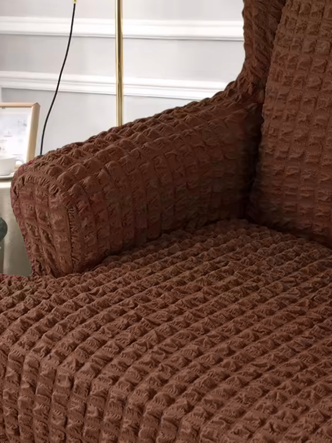 Stretchable Bubble Wingback Chair Cover-Brown