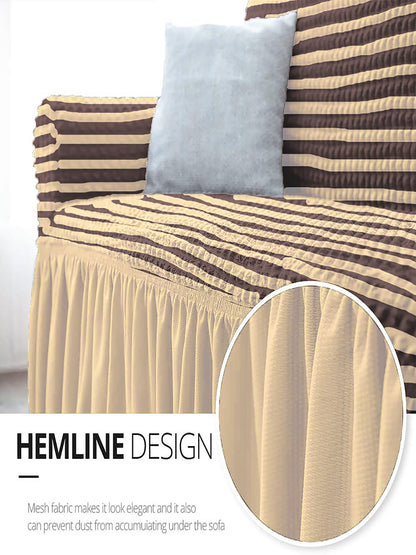 Elastic Stretchable Universal Striped Sofa Cover with Ruffle Skirt 2 Seater- Cream