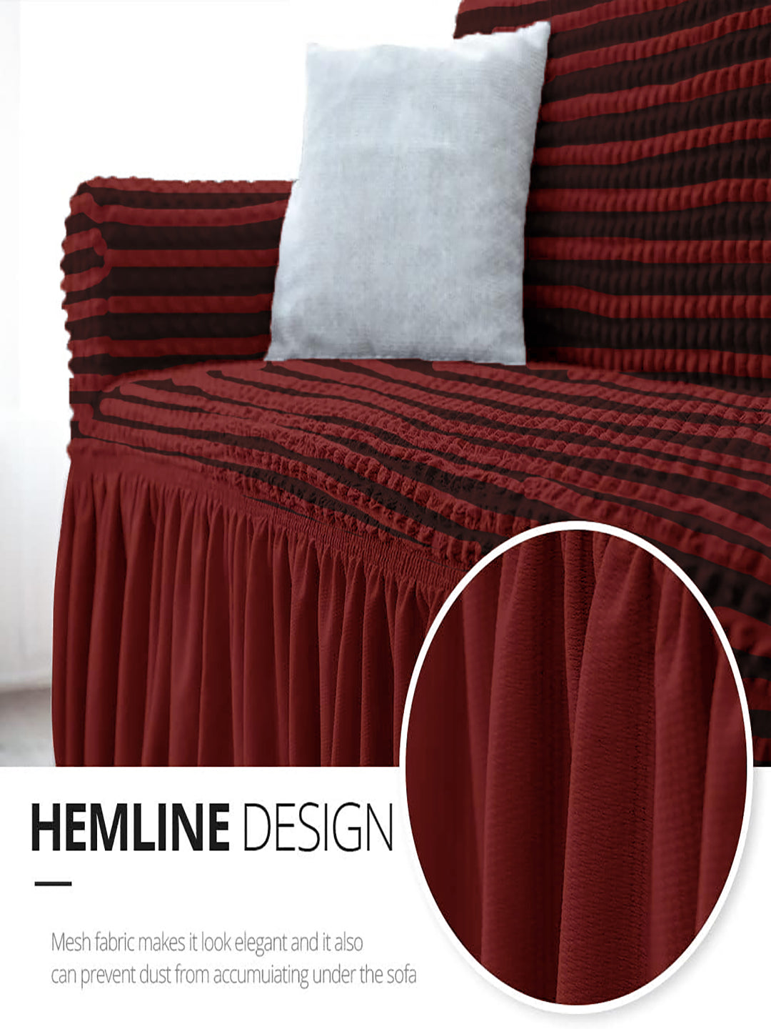 Elastic Stretchable Universal Striped Sofa Cover with Ruffle Skirt 3+1+1 Seater- Maroon