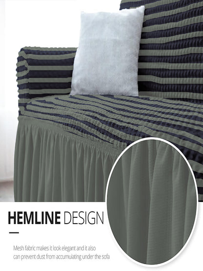 Elastic Stretchable Universal Striped Sofa Cover with Ruffle Skirt 3+1+1 Seater- Grey