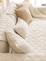 Durable Beige Microfiber Sofa Toper Set | Solid Chenille | Machine Washable with Straps