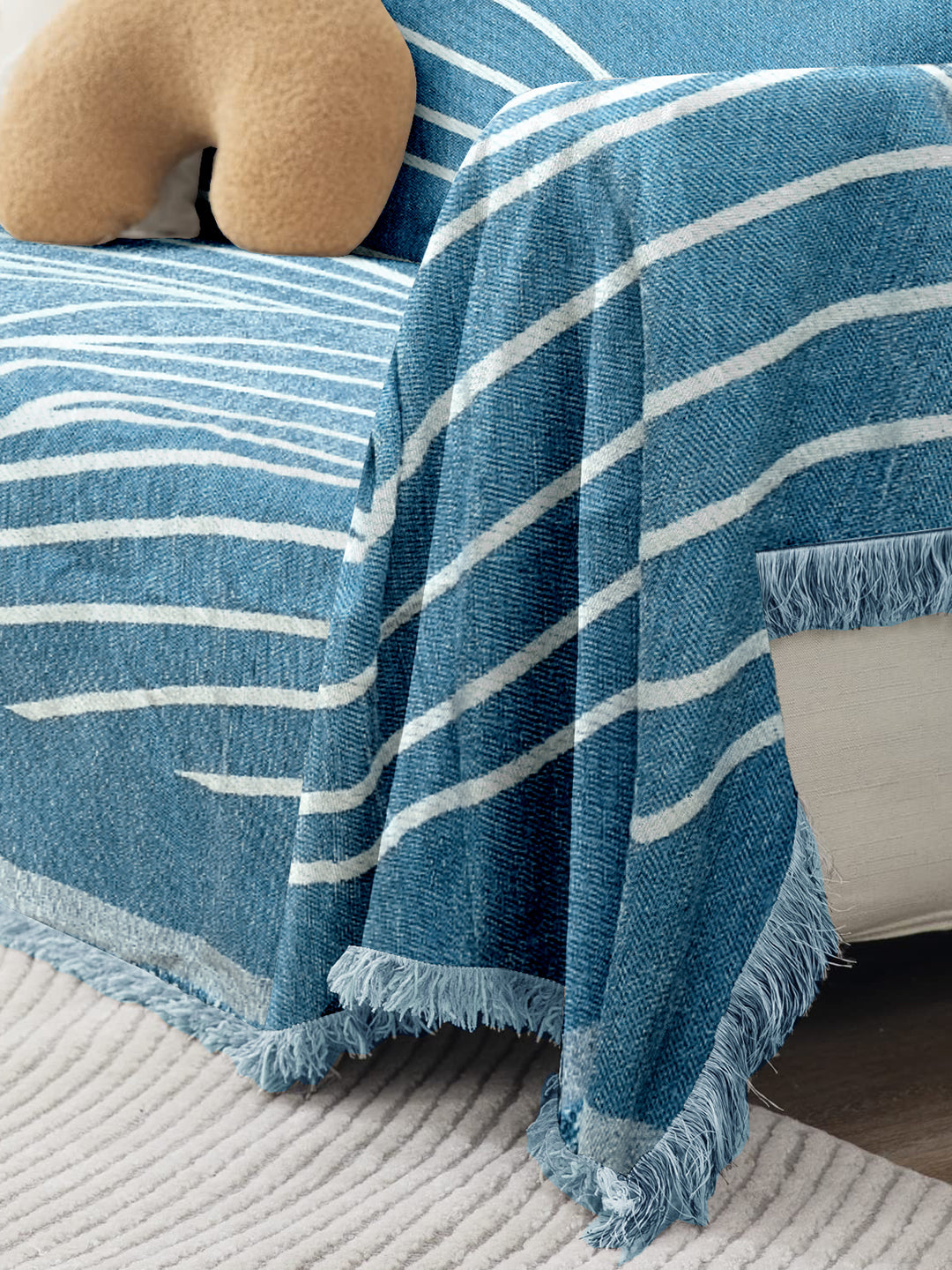 Reversible Sofa Blanket Cover with Tassels 2 Seater- Blue
